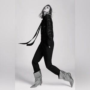 Zara Black Lace Long Sleeve Blouse w/NeckTie - Size Large - NWT